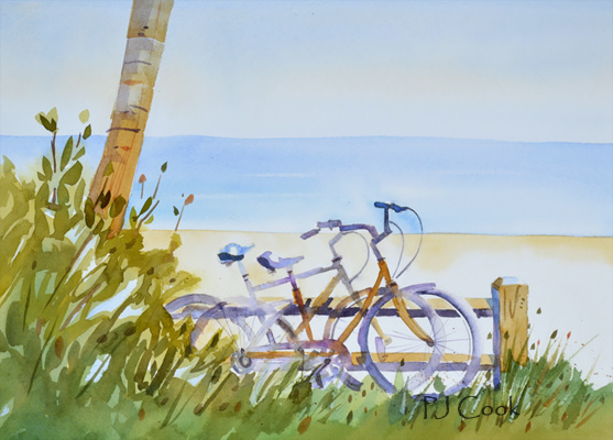 557x400 A Little R And R, Beach Bicycle Painting