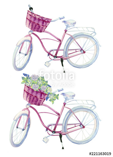 360x500 Watercolor Bikes On White Background. Watercolor Bike With Basket
