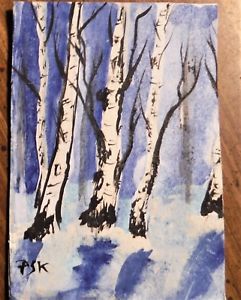 241x300 Aceo Birch Trees In Winter, Watercolor On Card Stock,unique, Ooak
