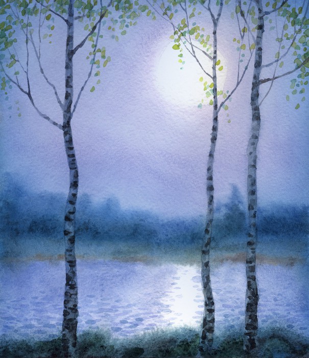 605x700 Watercolor Landscape. Spring Birch Trees Near The River Wall Mural