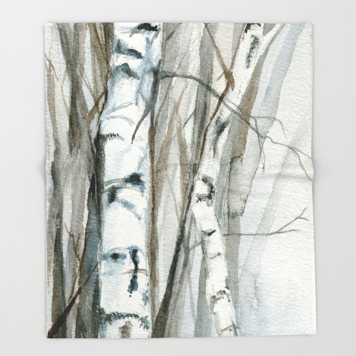 700x700 Winter Birch Trees Woodland Watercolor Original Art Print Throw