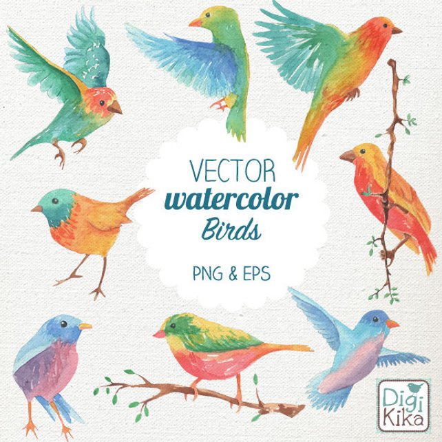642x642 Vector Watercolor Birds Clip Art Hand Painted Birds Vector Etsy