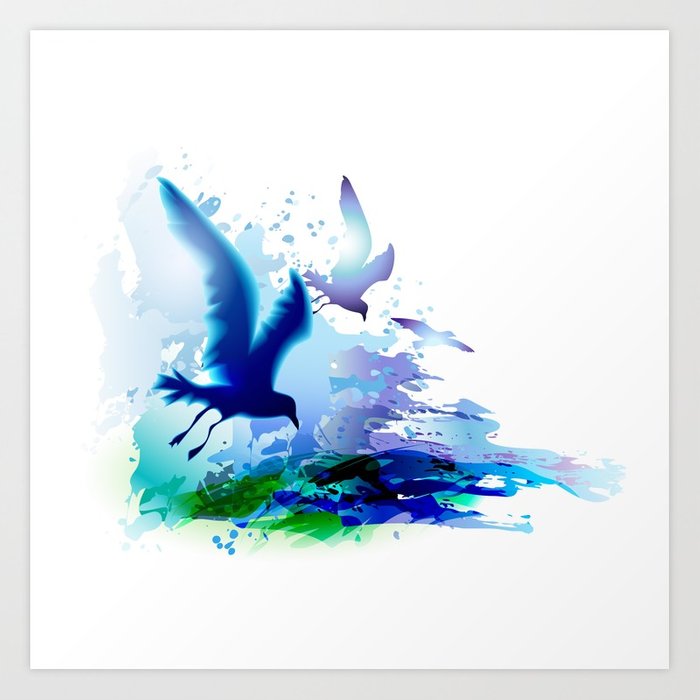 700x700 Birds Flying. Sea, Ocean Watercolor Gulls With Waves. Dark Blue