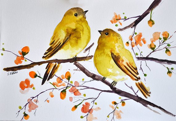 570x394 Original Watercolor Bird Painting Yellow Birds With Orange Etsy