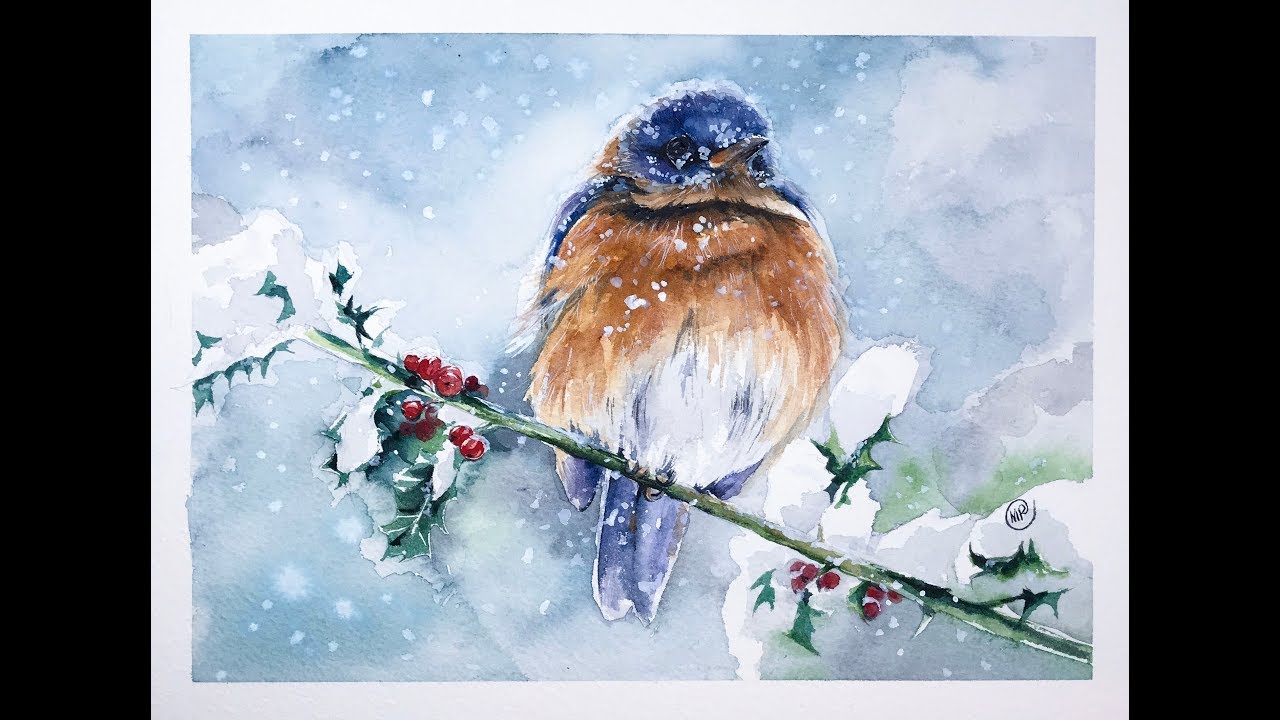 1280x720 Watercolor Bird In A Snow Painting Tutorial