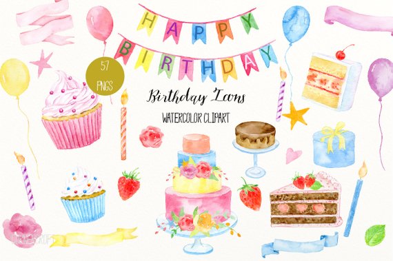 570x379 Birthday Icon Clip Art With Watercolor Birthday Cakes Etsy