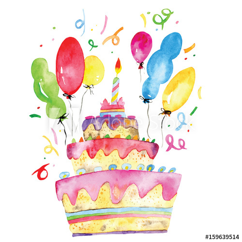 500x500 Birthday Cake Hand Painted Watercolor Illustration, Birthday Party