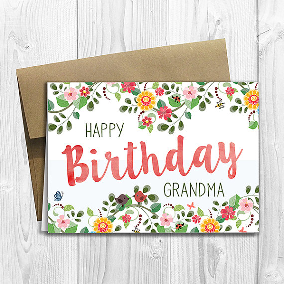 570x570 Printed Floral Watercolor Happy Birthday Grandma 5x7 Greeting Card