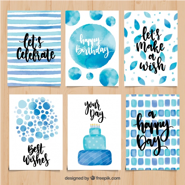 626x626 Set Of Watercolor Birthday Cards In Blue Tones Vector Free Download
