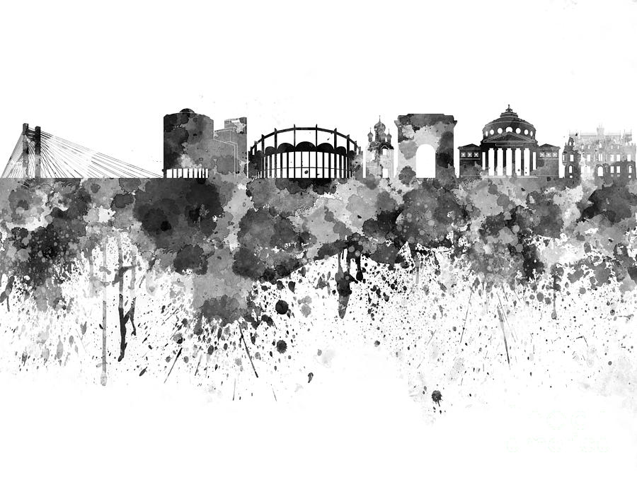 900x675 Bucharest Skyline In Black Watercolor On White Background Painting
