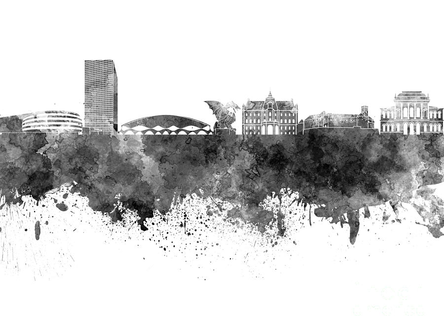 900x675 Ljubljana Skyline In Black Watercolor On White Background Painting