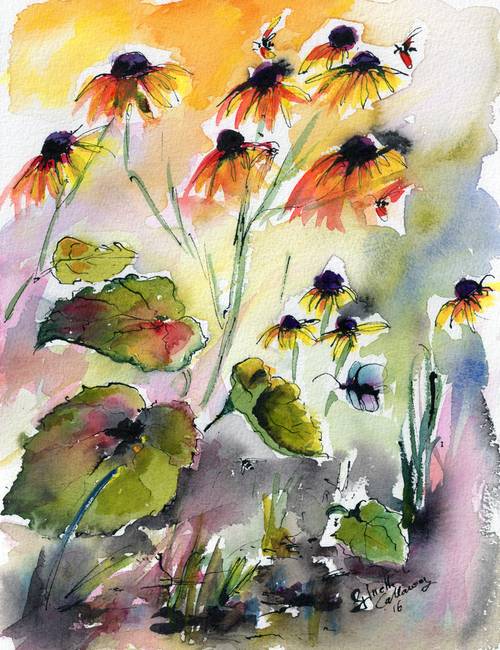 500x650 Flowers Black Eyed Susans Watercolor And Ink By Ginette Callaway
