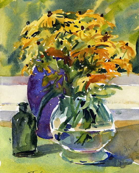 541x675 Vase Of Black Eyed Watercolor Still Life Painting