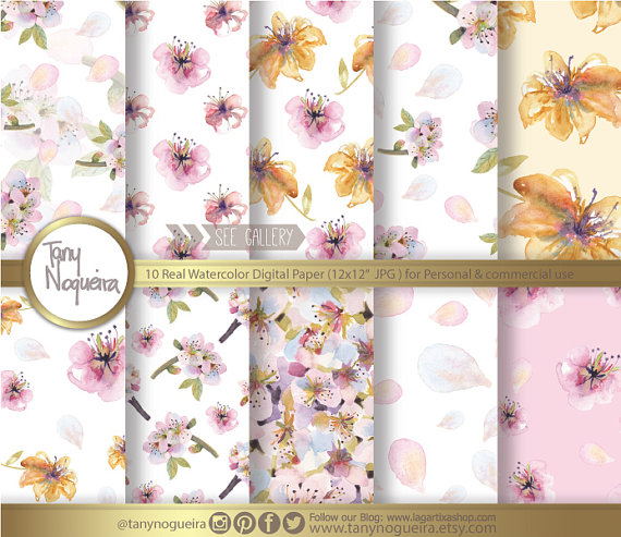570x493 Peach Blossom Watercolor, Digital Paper Hand Painted, Hawaiian