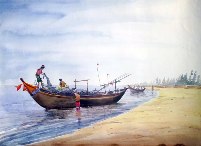 770x560 Fisher Men Amp Fishing Boat Watercolor On Paper Painting Painting By