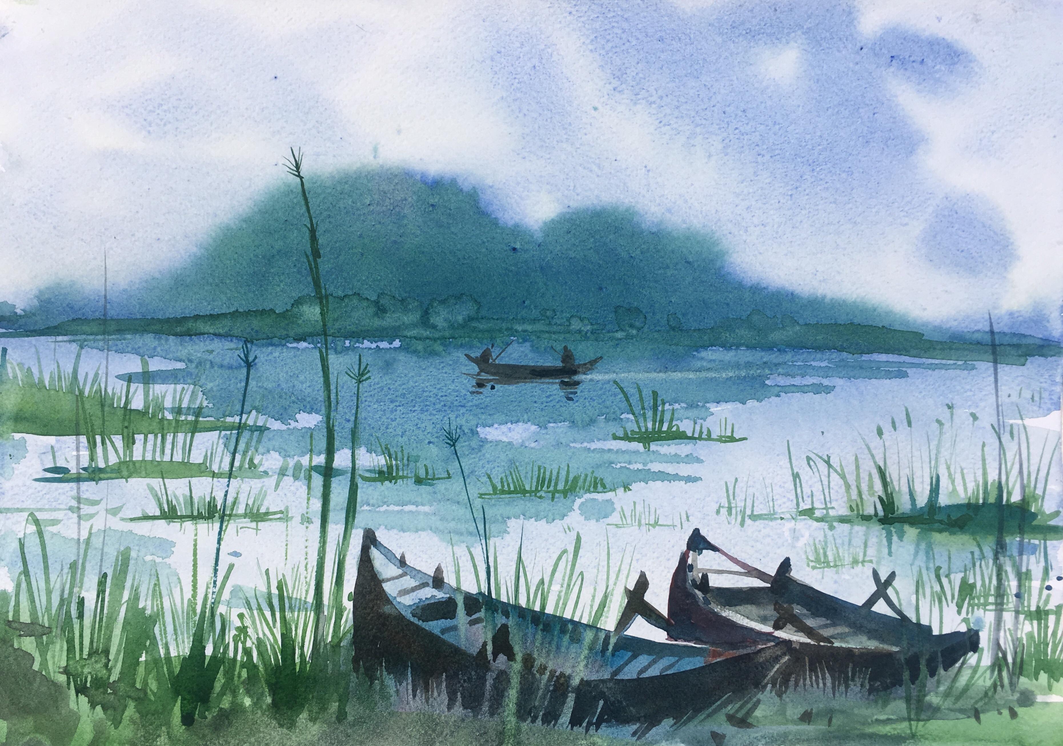 3722x2614 Two Boats, Watercolor Painting On Paper, Size 15 X 11 Inches Art