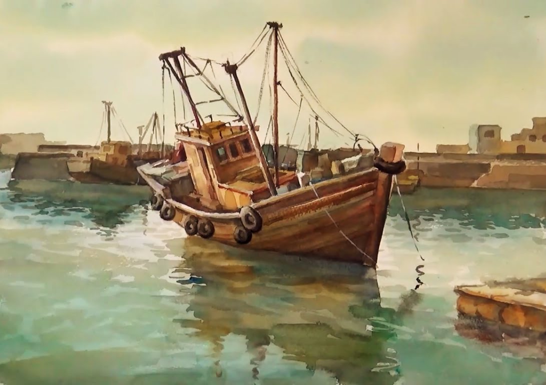 1091x768 Watercolor Painting Fishing Boats On Sea