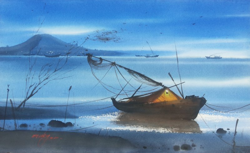 800x489 Beach Boat Amp Water By Artist Ganesh Hire Nature Art Watercolor