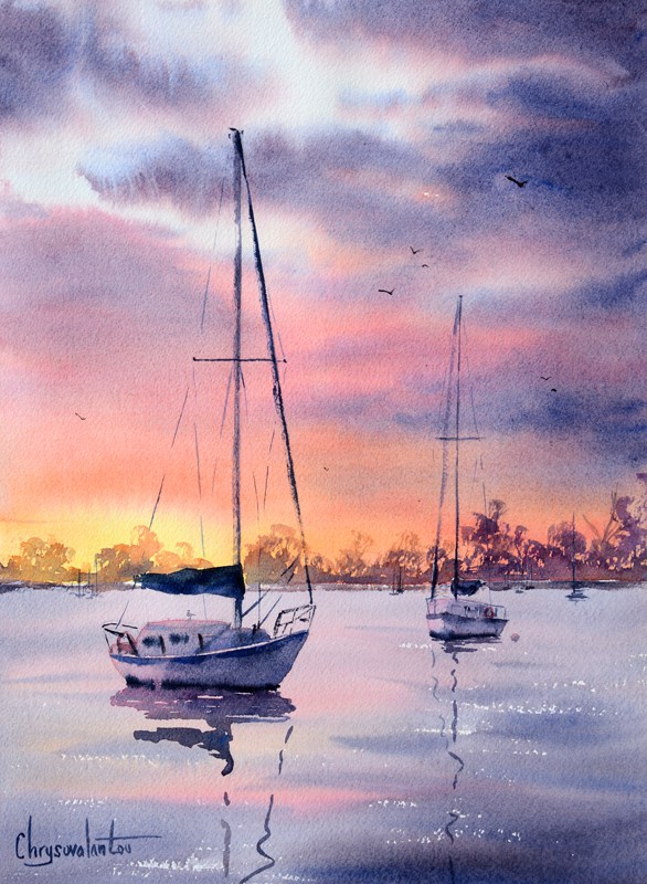 586x800 Boats And Sea Chrysovalantou Mavroudis Watercolour Artist
