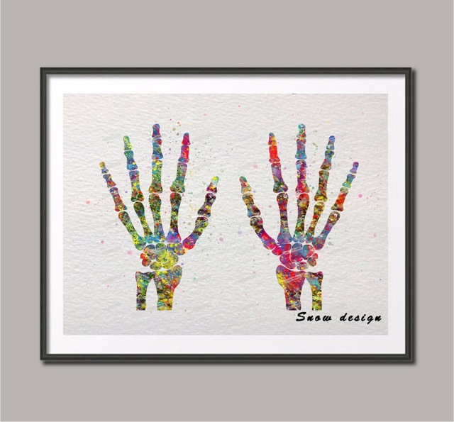 640x595 Original Watercolor Hand Bones Anatomy Wall Art Canvas Painting