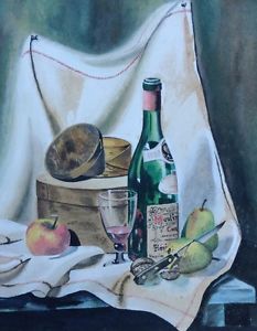 233x300 Watercolor Painting Moulin French Wine Bottle 1959 Vintage Still