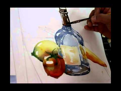 480x360 Water Color Tutorial Still Life ( Glass Bottle , Lemon , Tomato