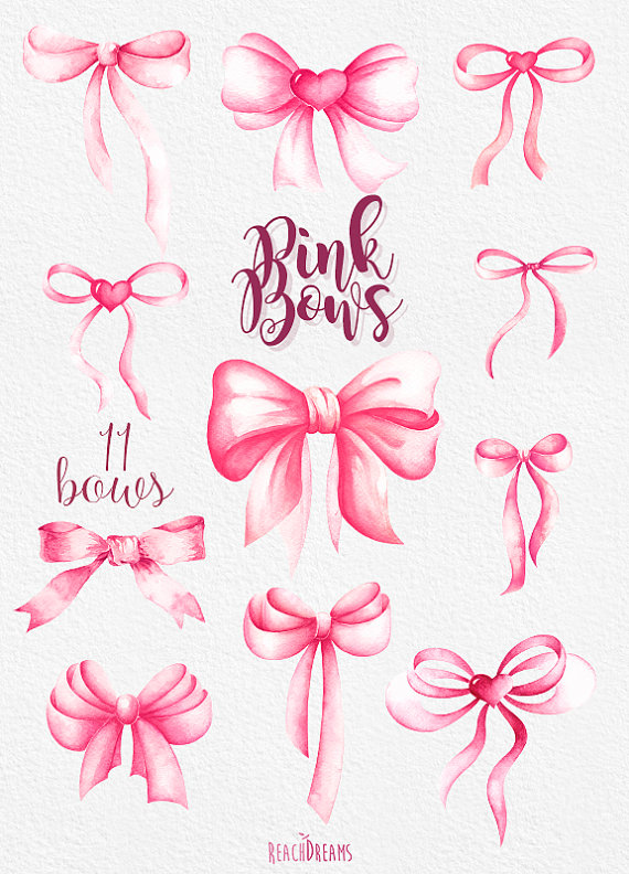 570x792 Pink Bows Watercolor Handpainted Clipart, Silk Bow, Romantic