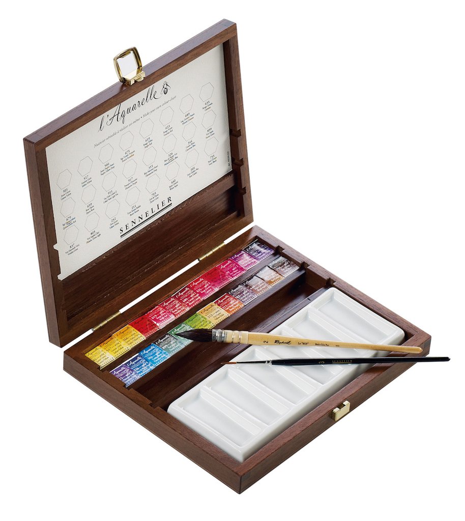 914x1024 Sennelier Luxury 24 Watercolour Half Pan Walnut Set, With 2 Brushes
