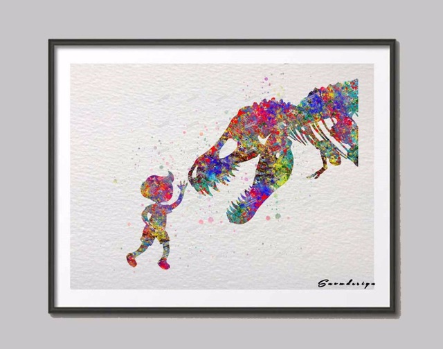 640x504 Diy Original Watercolor Trex Dinosaur With Boy Poster Prints