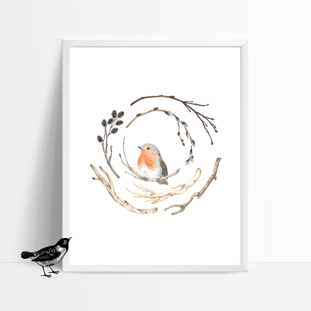 640x640 Vintage Watercolor Branches And Bird Canvas Art Print Painting