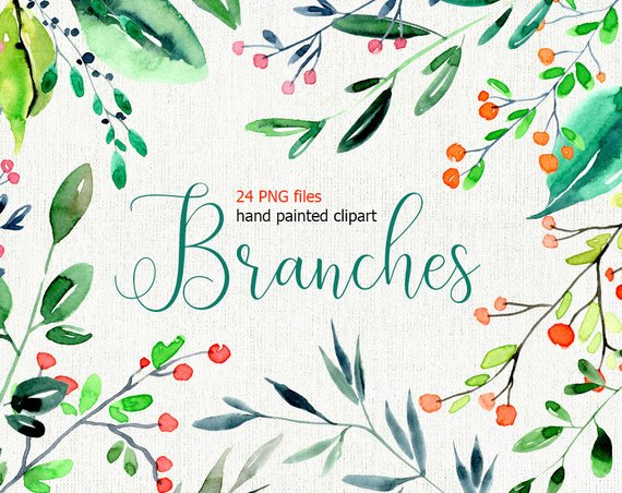 570x452 Watercolor Branches Leaves Twigs Aquarelle Png Hand Painted Etsy