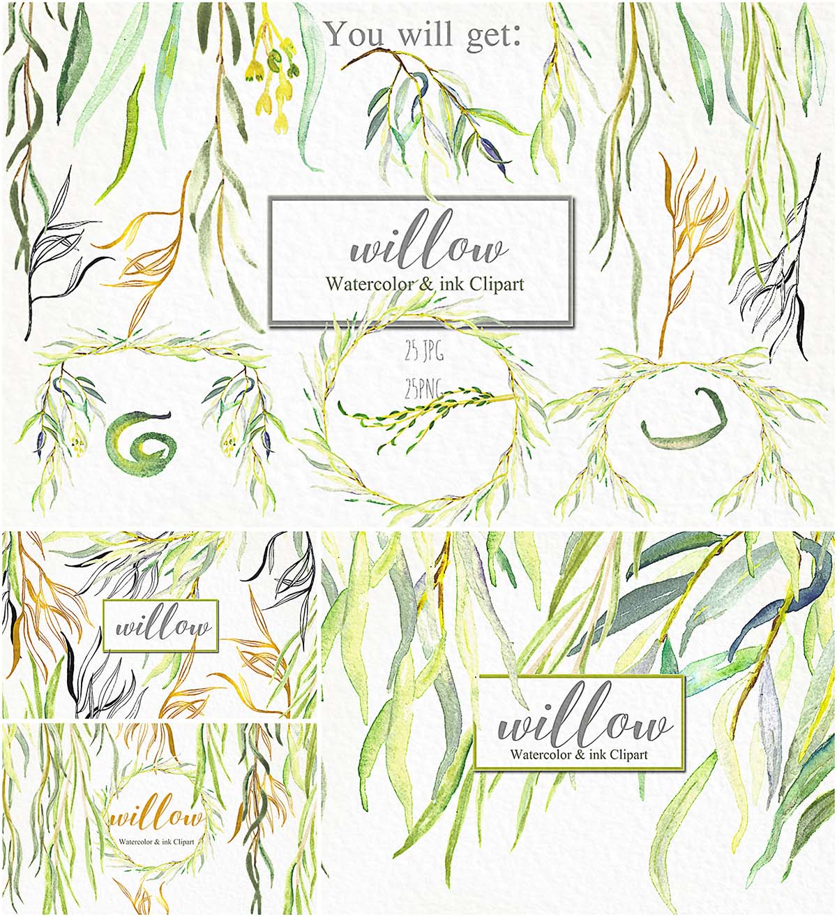 1200x1314 Watercolor Willow Branches Set Free Download