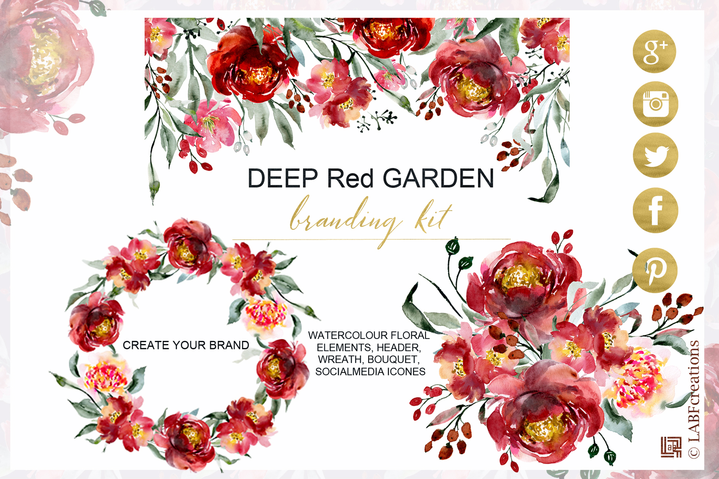 2366x1578 Deep Red Garden. Watercolor Branding Kit.