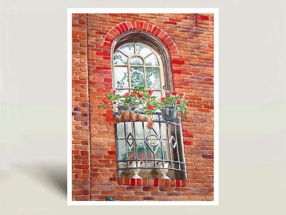 570x428 Window Art Watercolor Print Brick Wall Art Old Window Red Etsy
