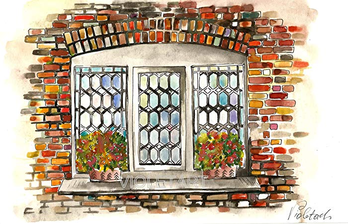 700x451 Old Window Brick Wall Painting Original Watercolor