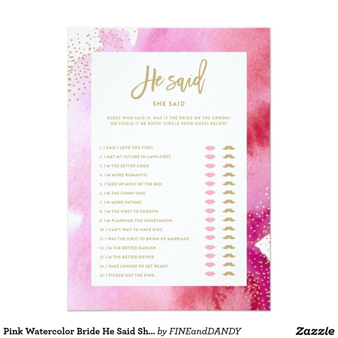 1104x1104 Pink Watercolor Bride He Said She Said Game Card Wedding Bridal