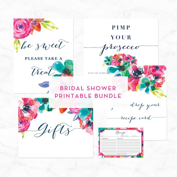 570x570 Watercolor Bridal Shower Printable Bundle, Recipe Card For The