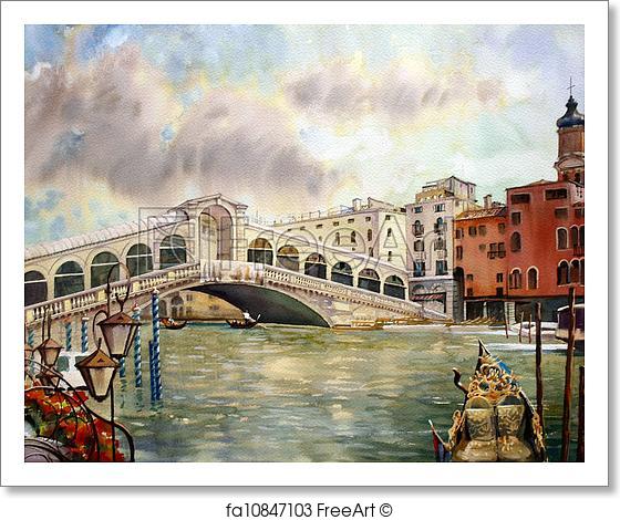 560x470 Free Art Print Of A View Of The Canal With Rialto Bridge, Boats