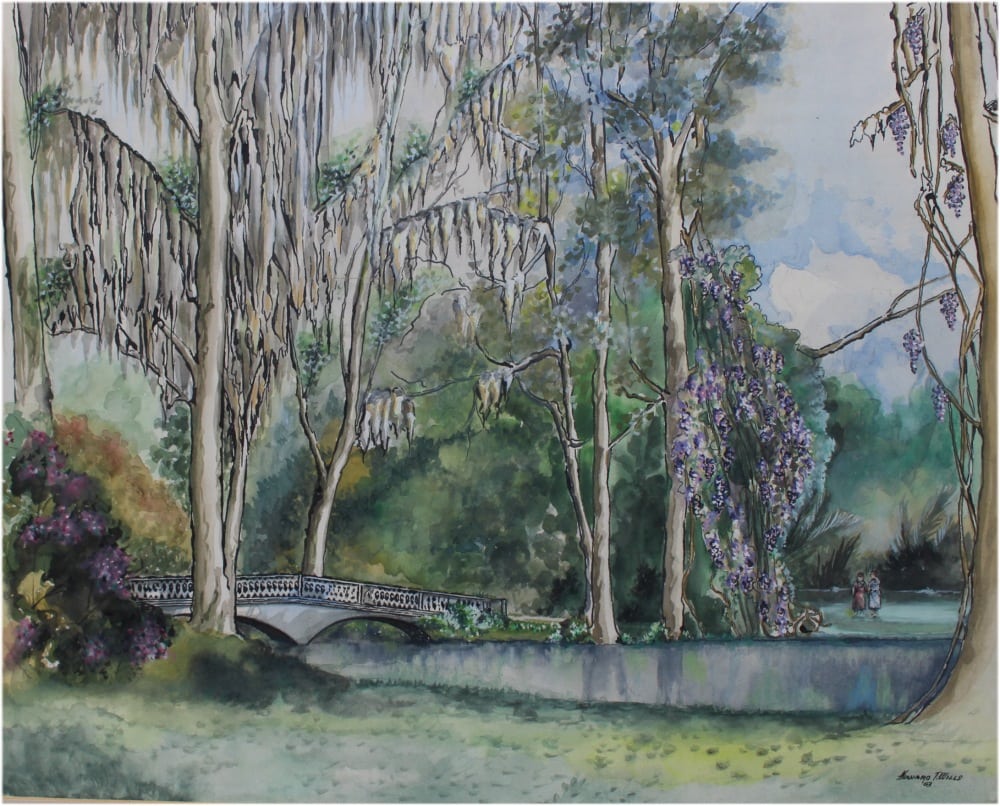 1000x806 Howard Wills Watercolor Original Painting Trees River And Bridge
