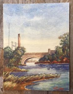 233x300 Vintage Watercolor Painting Landscape River Bridge Signed W R S
