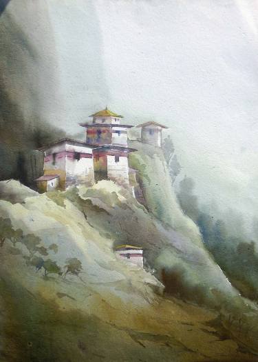 375x525 Buddhist Monetary Amp Foggy Himalaya Watercolor On Paper Painting By