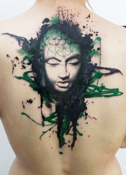 434x600 Green Tattoo Watercolor Buddha Face On Back