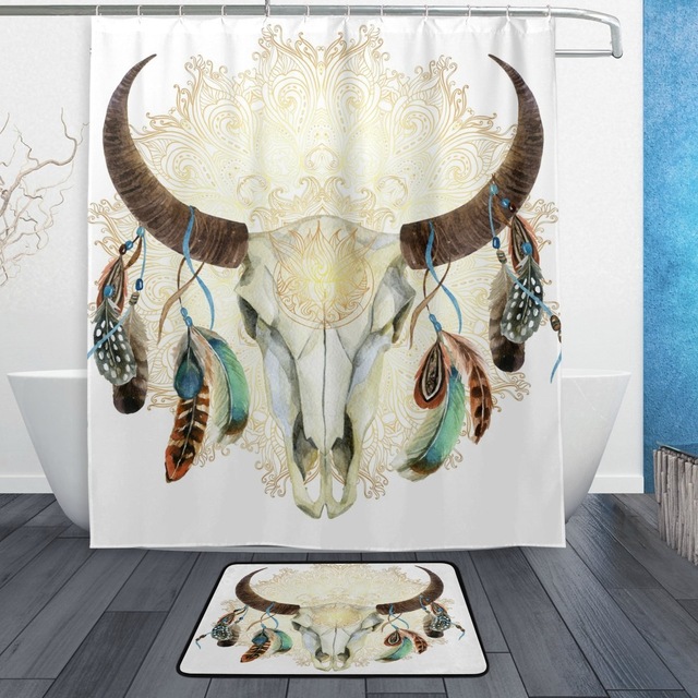 640x640 Watercolor Buffalo Animal Skull Feather Shower Curtain And Mat Set
