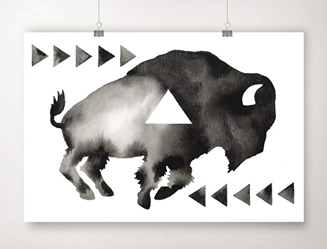 657x500 Geometric Watercolor Buffalo Bison Print, Black And