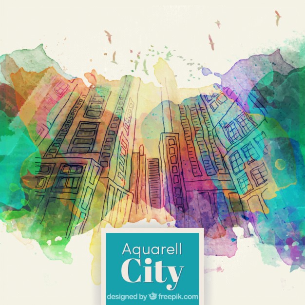 626x626 Hand Drawn Buildings With Watercolor Splashes Background Vector