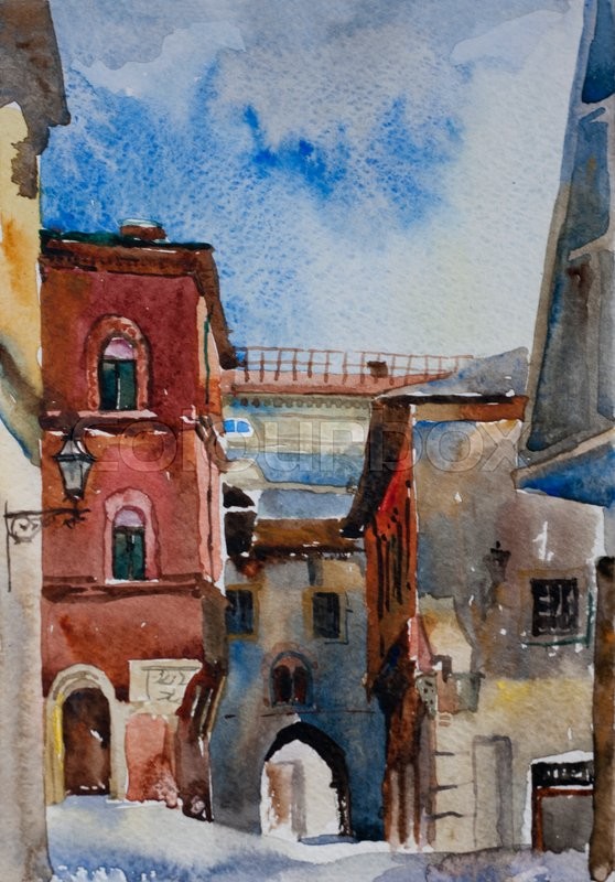 558x800 Original Watercolor Landscape Of Narrow Bologna Medieval Street