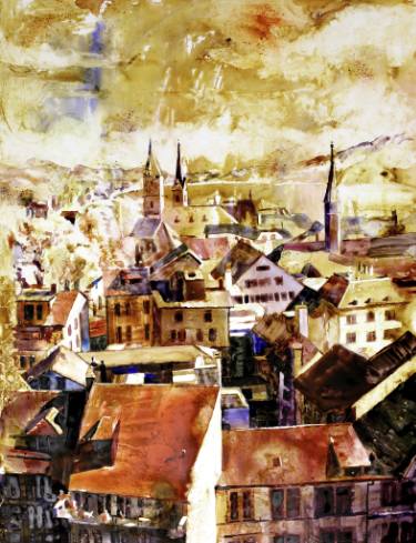 375x489 Fine Art Watercolor Painting Of Aeiral View Of Churches And
