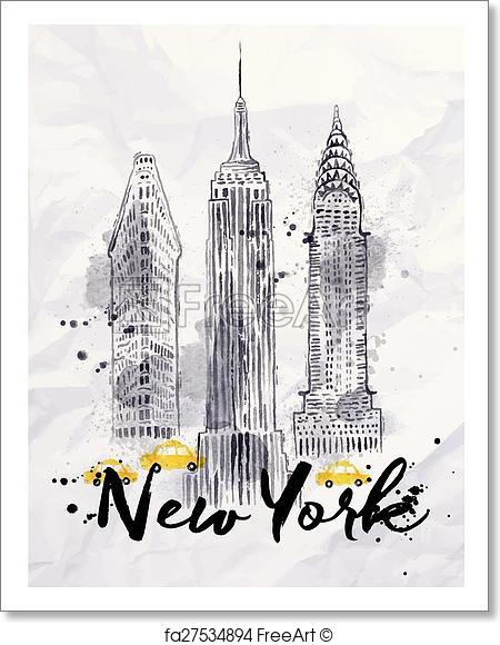 450x580 Free Art Print Of Watercolor New York Buildings. Watercolor New