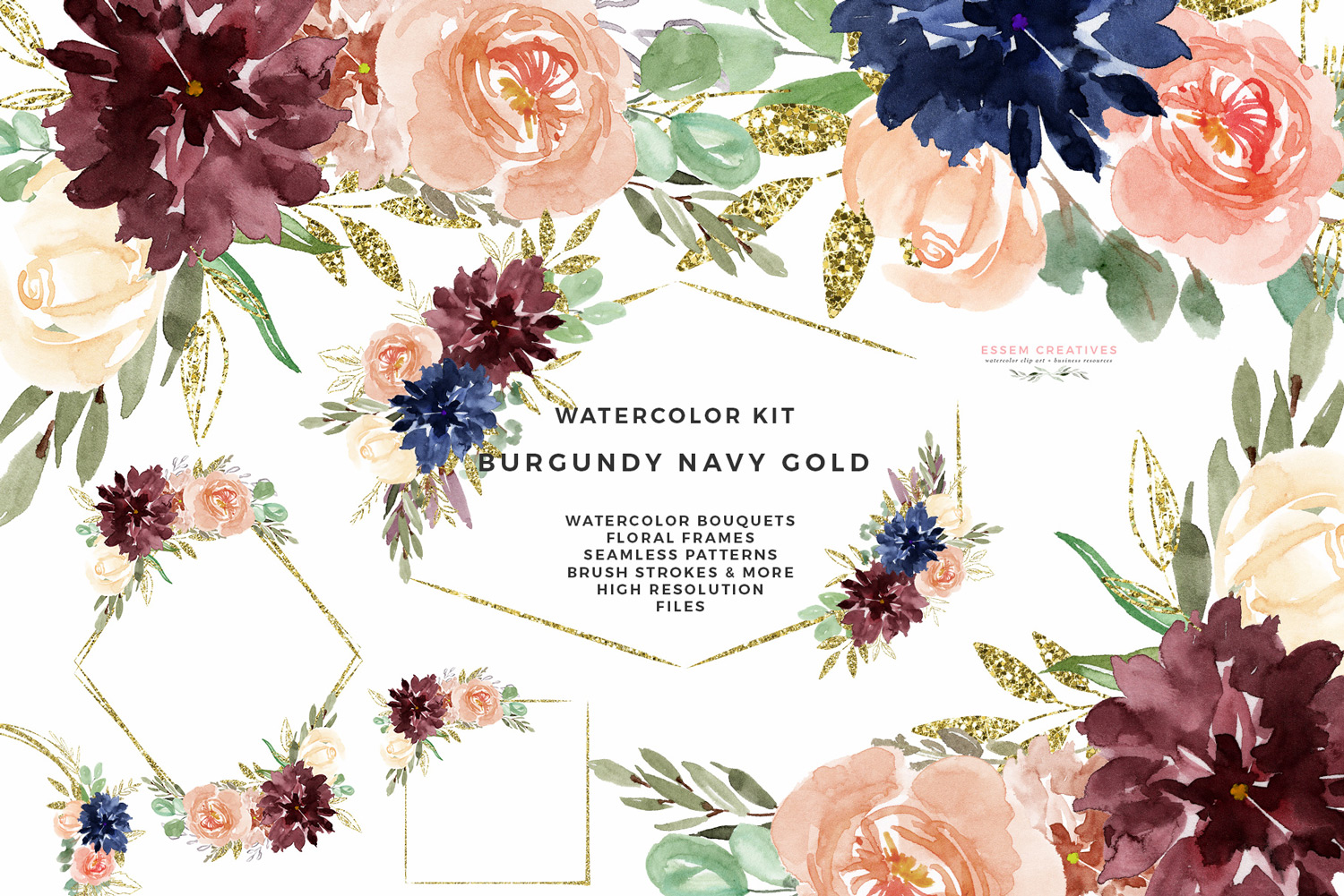 1500x1001 Burgundy Navy Gold Watercolor Flowers Clipart, Geometric Gold