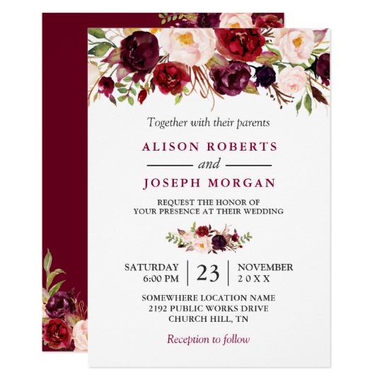 540x540 Watercolor Burgundy Red Floral Rustic Boho Wedding Invitation